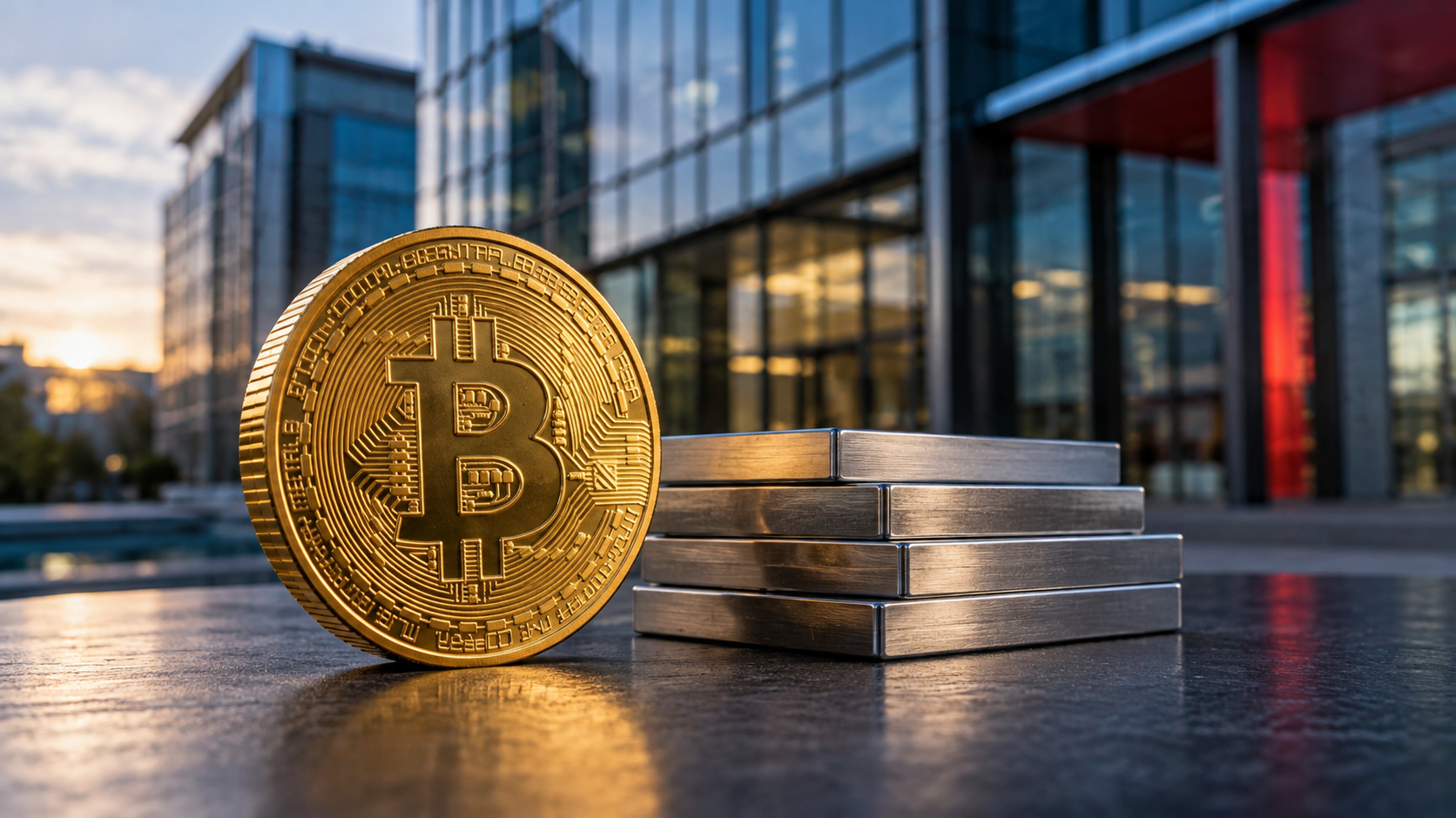 Bitcoin-Münze neben gestapelten Metallplatten vor einer modernen Bankfassade.