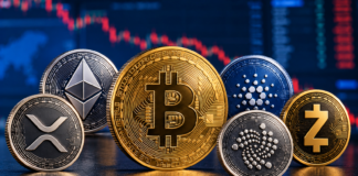 Münzen von Bitcoin, Ethereum, XRP, Cardano, IOTA und Zcash vor einem blauen Börsenbildschirm mit fallendem Kursverlauf.