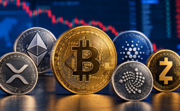 Münzen von Bitcoin, Ethereum, XRP, Cardano, IOTA und Zcash vor einem blauen Börsenbildschirm mit fallendem Kursverlauf.