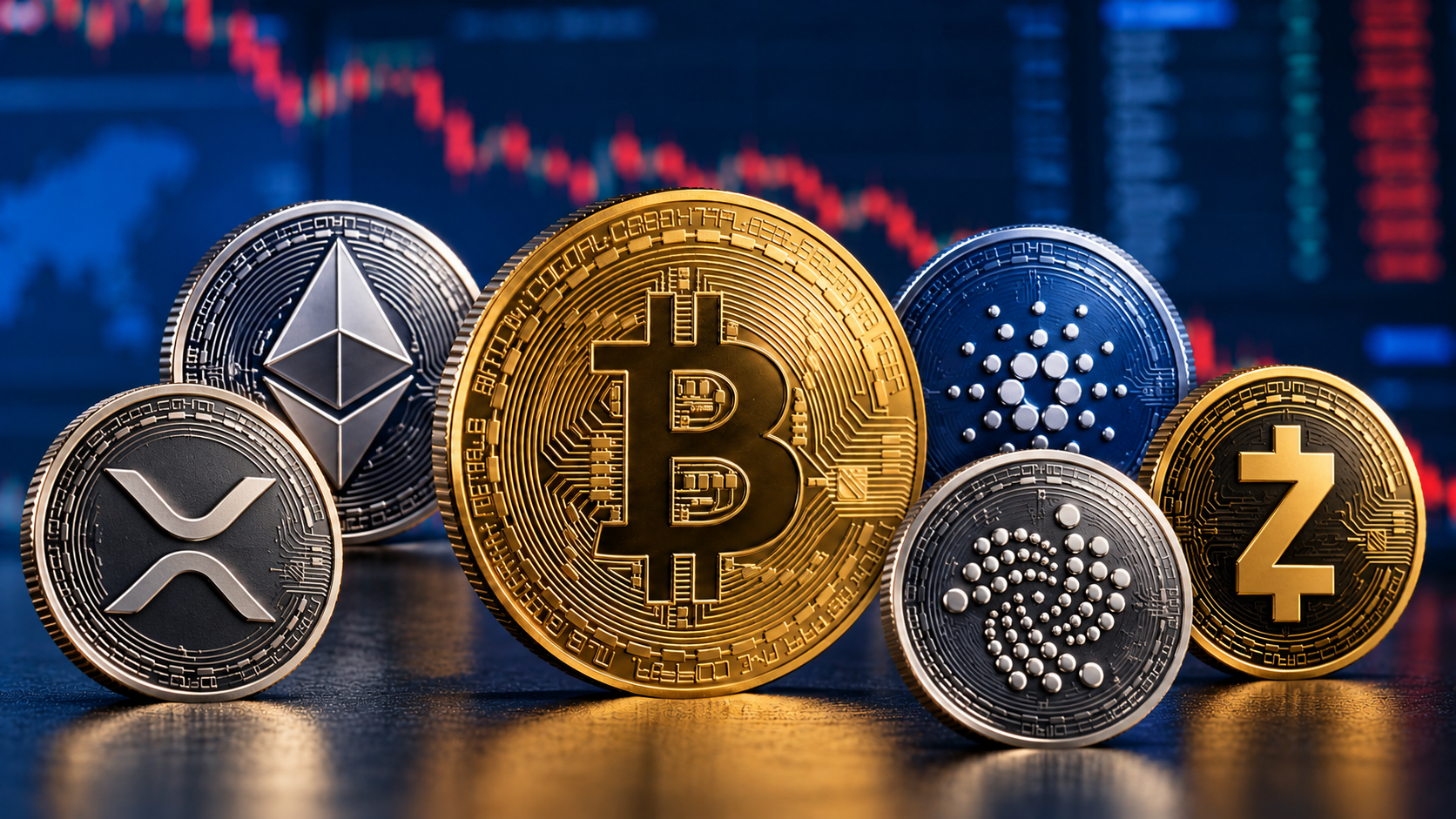 Münzen von Bitcoin, Ethereum, XRP, Cardano, IOTA und Zcash vor einem blauen Börsenbildschirm mit fallendem Kursverlauf.