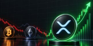 Bitcoin- und Ethereum-Logos vor fallenden roten Kurscharts, während das XRP-Logo mit einem stark steigenden grünen Kursverlauf hervorsticht und die positive Entwicklung von XRP gegenüber BTC und ETH symbolisiert.