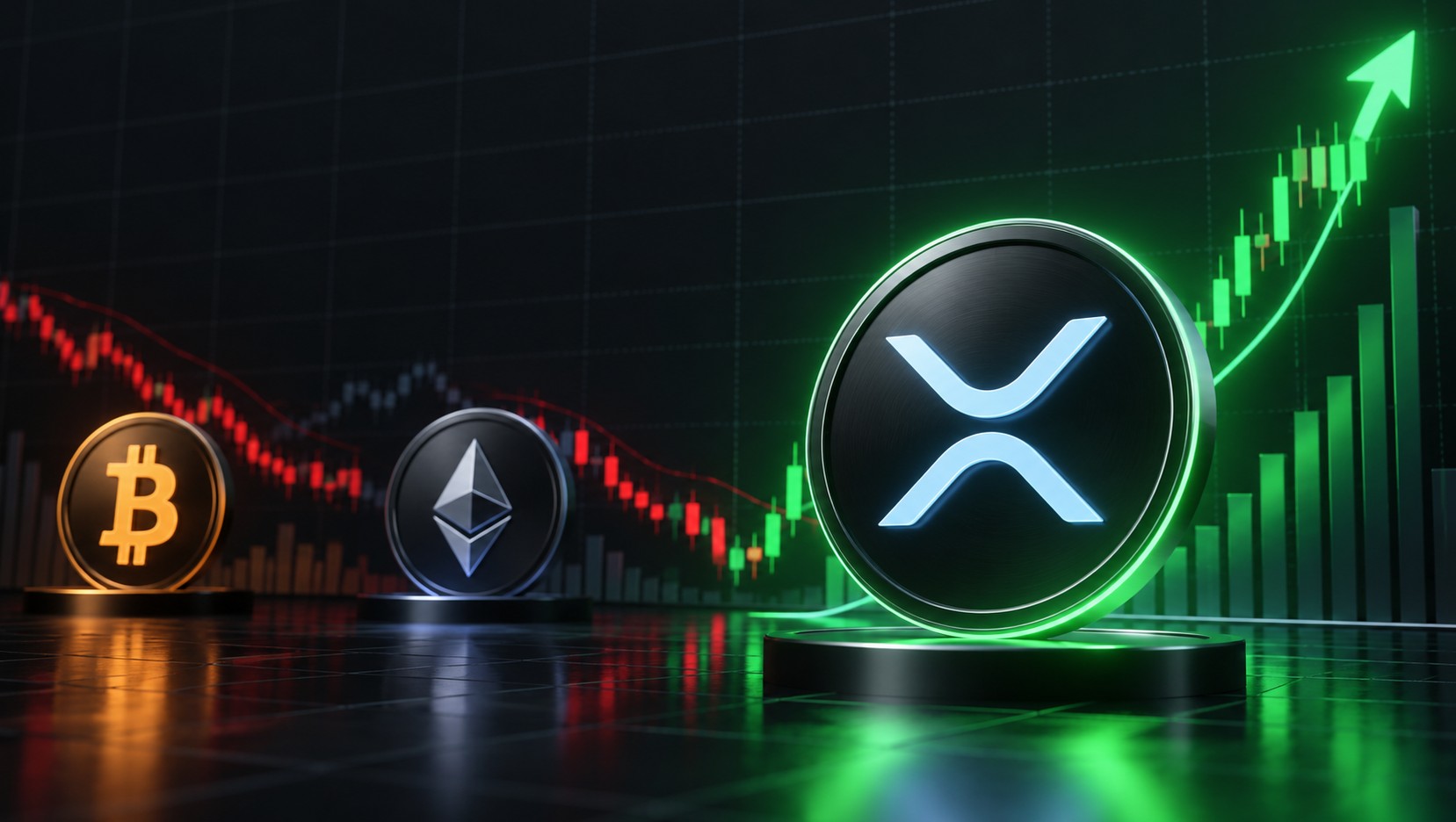 Bitcoin- und Ethereum-Logos vor fallenden roten Kurscharts, während das XRP-Logo mit einem stark steigenden grünen Kursverlauf hervorsticht und die positive Entwicklung von XRP gegenüber BTC und ETH symbolisiert.