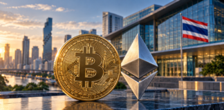 Thailand erlaubt Bitcoin- und Ethereum-ETFs ab 16. Oktober Goldene Bitcoin-Münze und silbernes Ethereum-Symbol vor einem modernen Finanzgebäude mit thailändischer Flagge.