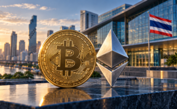 Thailand erlaubt Bitcoin- und Ethereum-ETFs ab 16. Oktober Goldene Bitcoin-Münze und silbernes Ethereum-Symbol vor einem modernen Finanzgebäude mit thailändischer Flagge.