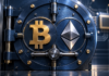 Bitcoin- und Ethereum-Embleme auf einem blauen Metalltresor mit dezentem Chipmotiv im Hintergrund.