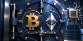 Bitcoin- und Ethereum-Embleme auf einem blauen Metalltresor mit dezentem Chipmotiv im Hintergrund.