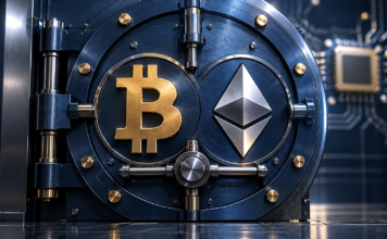 Bitcoin- und Ethereum-Embleme auf einem blauen Metalltresor mit dezentem Chipmotiv im Hintergrund.