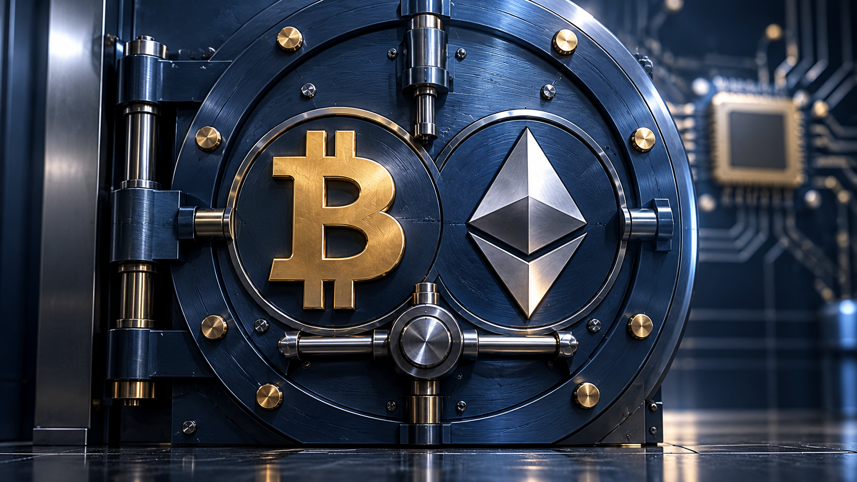 Bitcoin- und Ethereum-Embleme auf einem blauen Metalltresor mit dezentem Chipmotiv im Hintergrund.