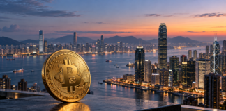 Goldener Bitcoin vor der Skyline Hongkongs bei Dämmerung