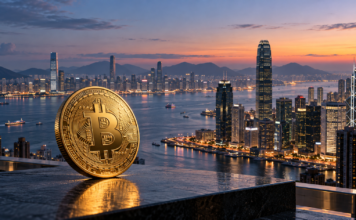 Goldener Bitcoin vor der Skyline Hongkongs bei Dämmerung