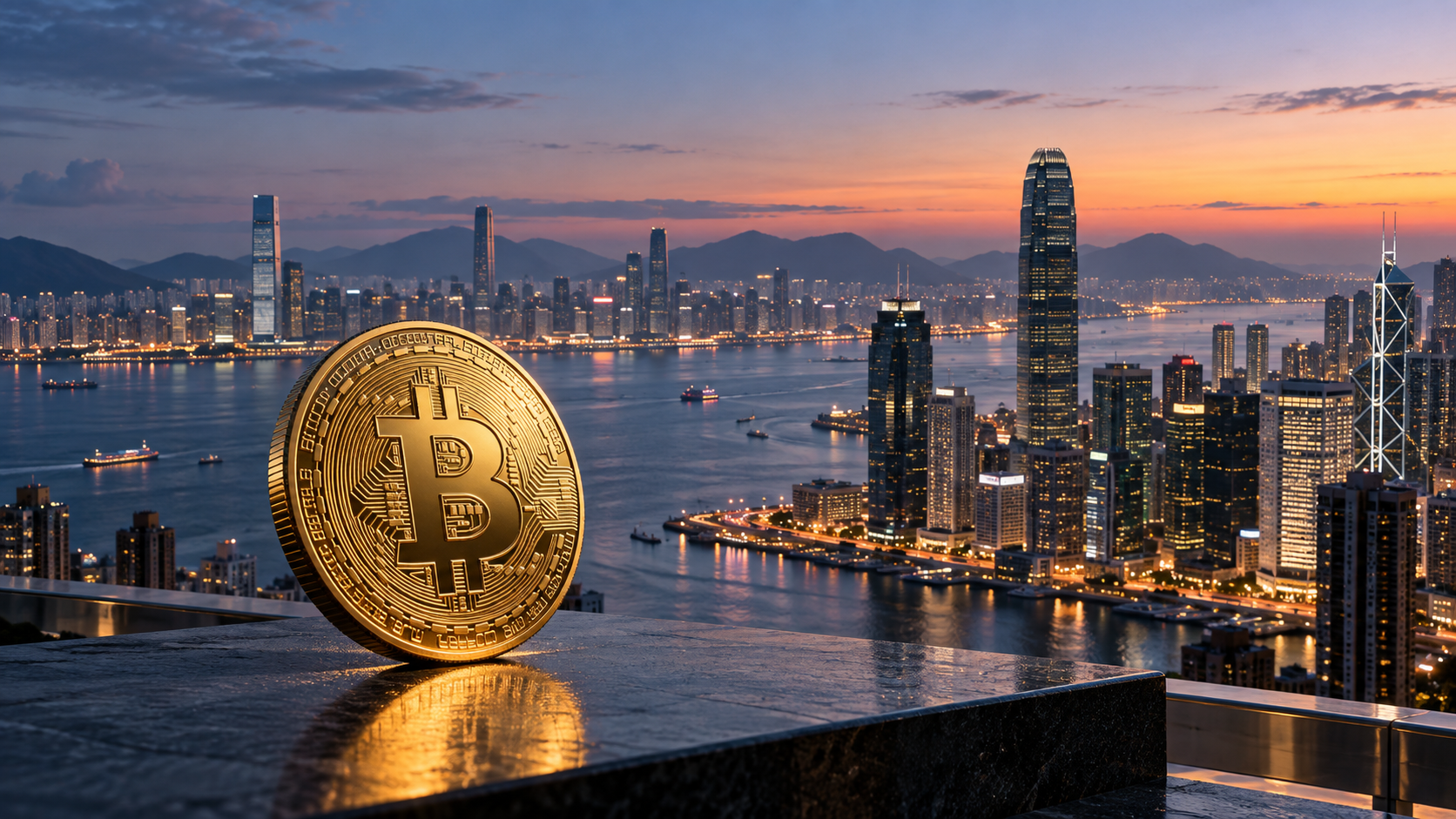 Goldener Bitcoin vor der Skyline Hongkongs bei Dämmerung