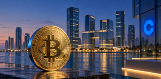 Dubai-Scheich, Coinbase und Bitcoin: Das steckt hinter dem 1,5-Milliarden-Dollar-Deal Goldene Bitcoin-Münze vor einer Skyline in Abu Dhabi mit blauem Coinbase-Symbol.