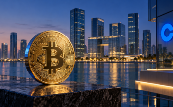 Dubai-Scheich, Coinbase und Bitcoin: Das steckt hinter dem 1,5-Milliarden-Dollar-Deal Goldene Bitcoin-Münze vor einer Skyline in Abu Dhabi mit blauem Coinbase-Symbol.