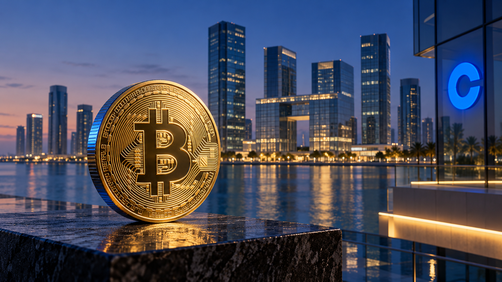Goldene Bitcoin-Münze vor einer Skyline in Abu Dhabi mit blauem Coinbase-Symbol.
