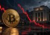 Bitcoin-Kurs fällt auf 79.600 USD: Diese Ereignisse könnten jetzt eine massive Kursbewegung auslösen Goldener Bitcoin vor US-Notenbank-Gebäude und fallendem roten Börsenchart als Symbol für den Bitcoin-Kursrückgang nach der Fed-Entscheidung