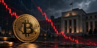 Bitcoin-Kurs fällt auf 79.600 USD: Diese Ereignisse könnten jetzt eine massive Kursbewegung auslösen Goldener Bitcoin vor US-Notenbank-Gebäude und fallendem roten Börsenchart als Symbol für den Bitcoin-Kursrückgang nach der Fed-Entscheidung