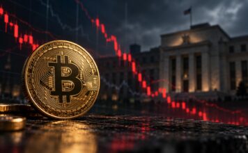 Bitcoin-Kurs fällt auf 79.600 USD: Diese Ereignisse könnten jetzt eine massive Kursbewegung auslösen Goldener Bitcoin vor US-Notenbank-Gebäude und fallendem roten Börsenchart als Symbol für den Bitcoin-Kursrückgang nach der Fed-Entscheidung