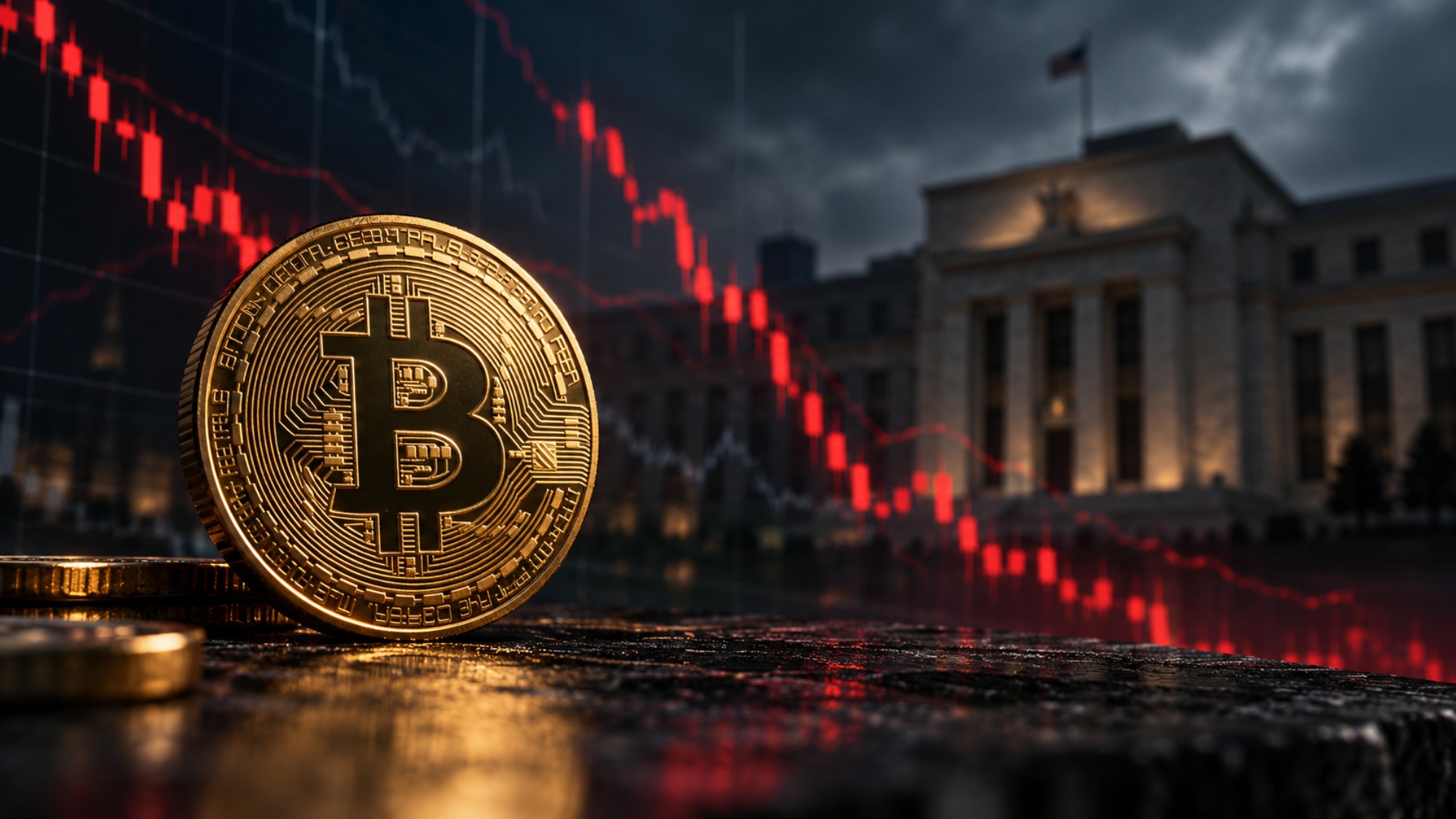 Goldener Bitcoin vor US-Notenbank-Gebäude und fallendem roten Börsenchart als Symbol für den Bitcoin-Kursrückgang nach der Fed-Entscheidung