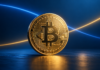 Goldene Bitcoin-Münze vor blauem Hintergrund mit zwei sich kreuzenden Linien.