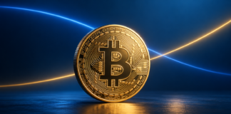 Goldene Bitcoin-Münze vor blauem Hintergrund mit zwei sich kreuzenden Linien.