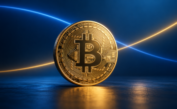 Goldene Bitcoin-Münze vor blauem Hintergrund mit zwei sich kreuzenden Linien.