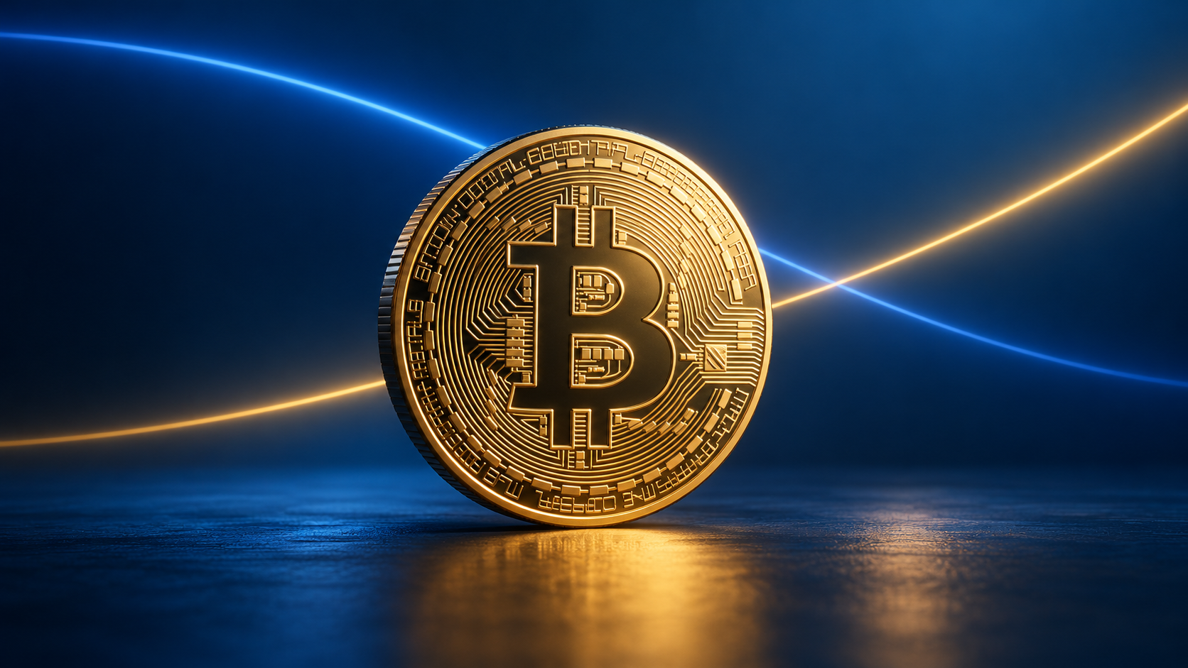 Goldene Bitcoin-Münze vor blauem Hintergrund mit zwei sich kreuzenden Linien.