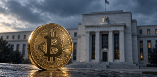 Goldene Bitcoin-Münze vor dem Gebäude der US-Notenbank Federal Reserve unter bewölktem Himmel.