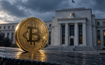 Goldene Bitcoin-Münze vor dem Gebäude der US-Notenbank Federal Reserve unter bewölktem Himmel.