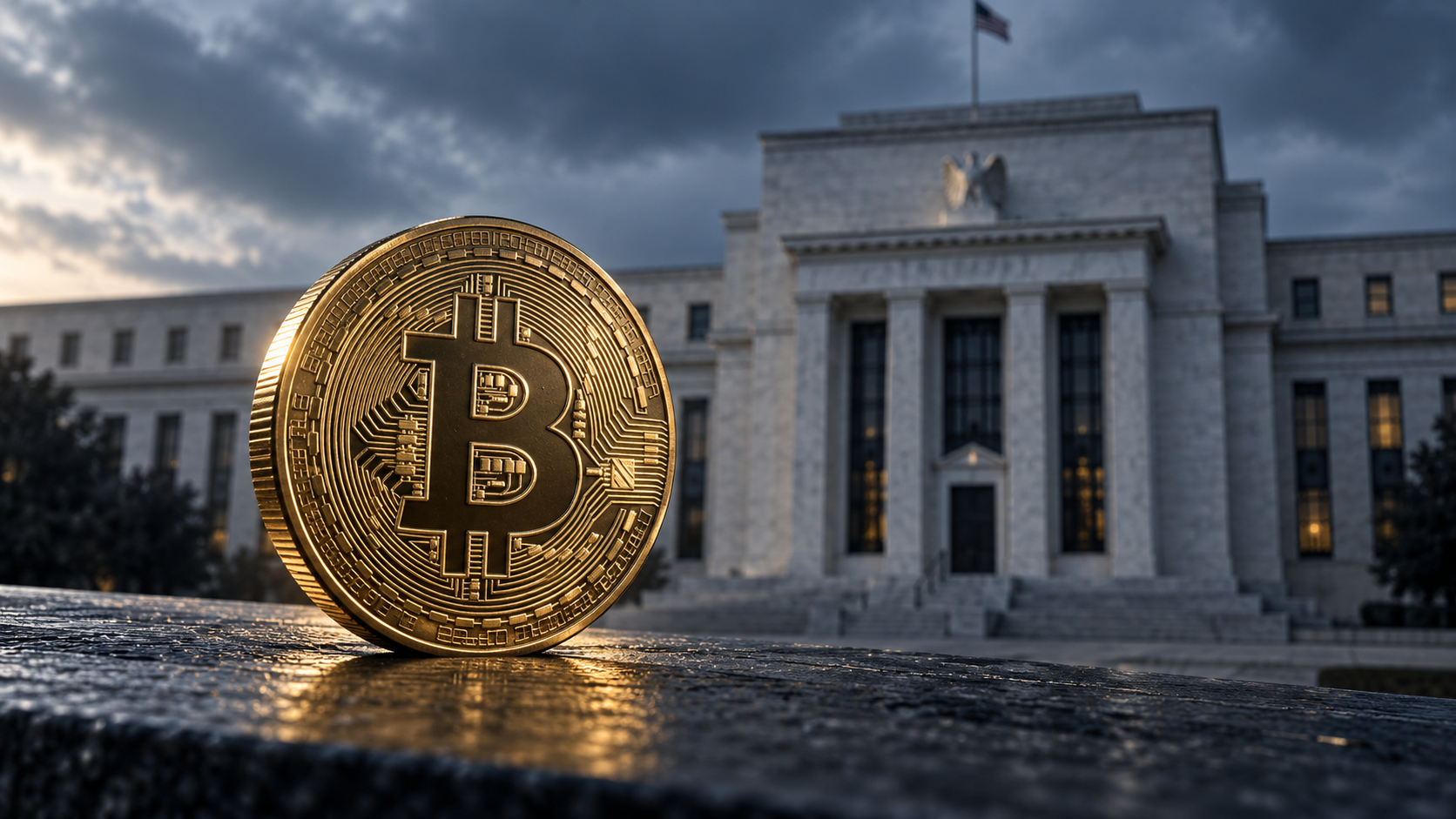 Goldene Bitcoin-Münze vor dem Gebäude der US-Notenbank Federal Reserve unter bewölktem Himmel.