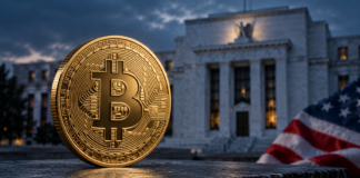 Goldene Bitcoin-Münze vor dem Gebäude der US-Notenbank Federal Reserve mit amerikanischer Flagge.