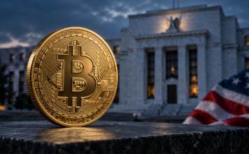 Goldene Bitcoin-Münze vor dem Gebäude der US-Notenbank Federal Reserve mit amerikanischer Flagge.
