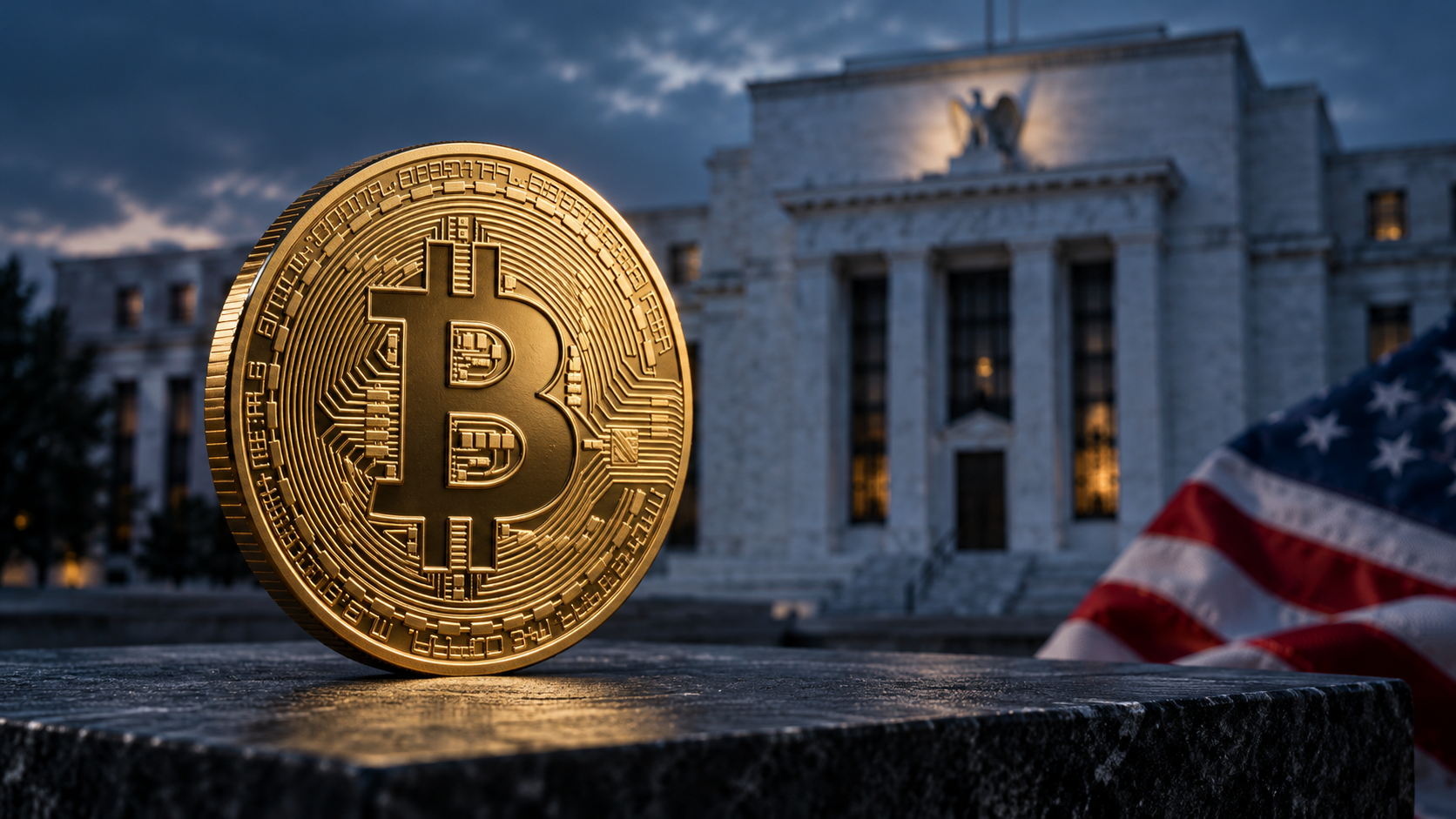 Goldene Bitcoin-Münze vor dem Gebäude der US-Notenbank Federal Reserve mit amerikanischer Flagge.