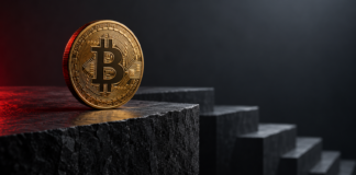 Goldene Bitcoin-Münze am Rand einer dunklen Steinplatte vor absteigenden Stufen mit dezenter roter Beleuchtung.