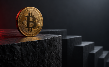 Goldene Bitcoin-Münze am Rand einer dunklen Steinplatte vor absteigenden Stufen mit dezenter roter Beleuchtung.