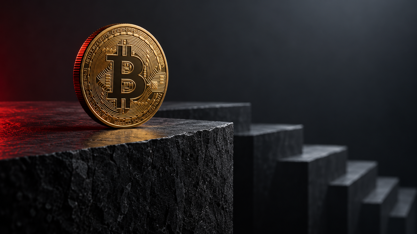 Goldene Bitcoin-Münze am Rand einer dunklen Steinplatte vor absteigenden Stufen mit dezenter roter Beleuchtung.