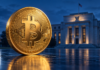 Bitcoin und Krypto vor Entscheidung: Das wird diese Woche wichtig Goldene Bitcoin-Münze vor einem unscharfen Gebäude der US-Notenbank Federal Reserve in blauem Licht.