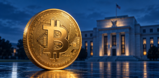 Goldene Bitcoin-Münze vor einem unscharfen Gebäude der US-Notenbank Federal Reserve in blauem Licht.