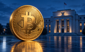Goldene Bitcoin-Münze vor einem unscharfen Gebäude der US-Notenbank Federal Reserve in blauem Licht.