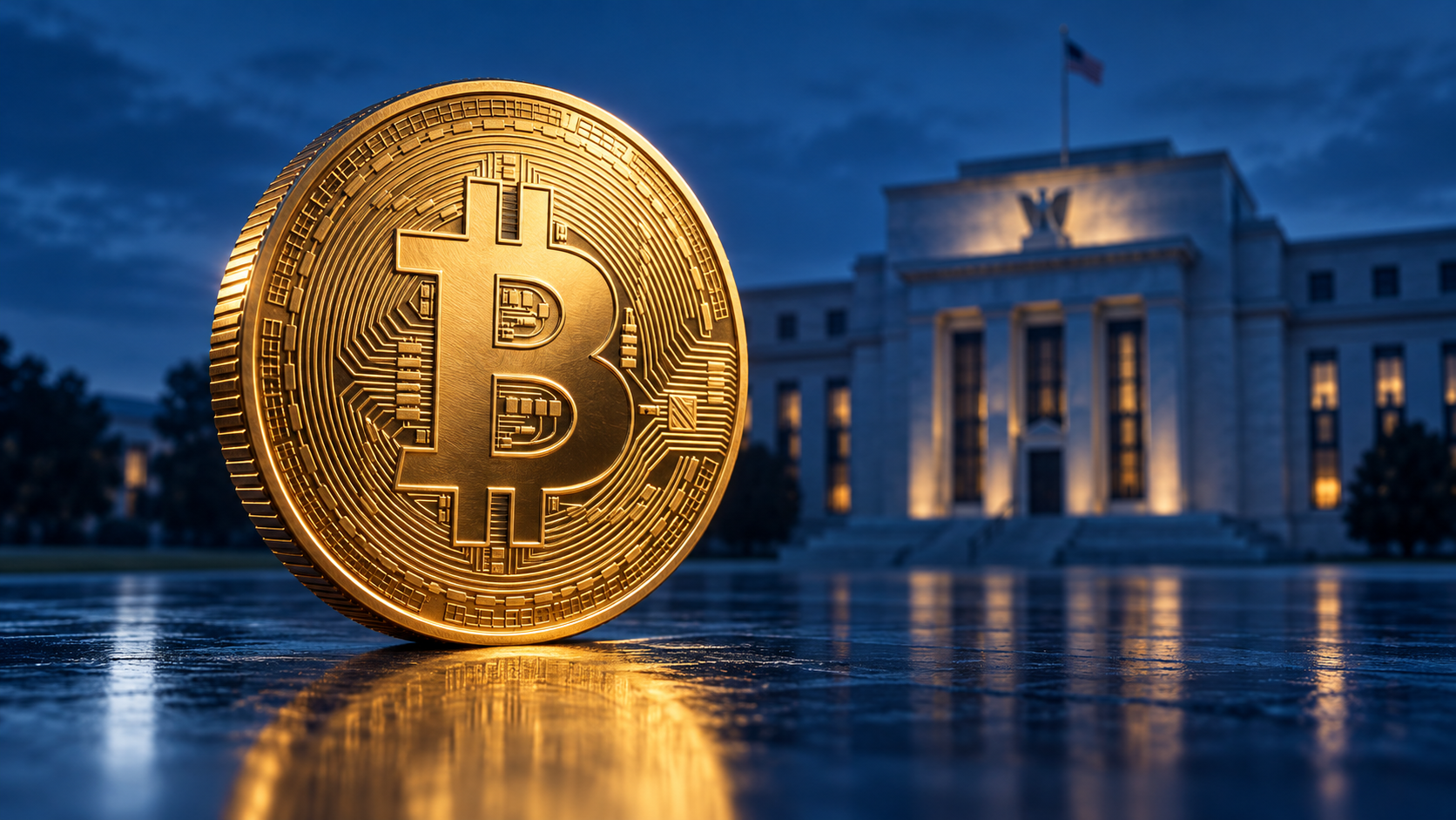 Goldene Bitcoin-Münze vor einem unscharfen Gebäude der US-Notenbank Federal Reserve in blauem Licht.