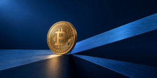 Goldene Bitcoin-Münze an der Verzweigung zweier blauer Flächen vor dunkelblauem Hintergrund.