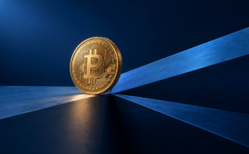 Goldene Bitcoin-Münze an der Verzweigung zweier blauer Flächen vor dunkelblauem Hintergrund.