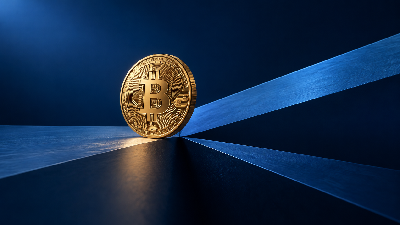 Goldene Bitcoin-Münze an der Verzweigung zweier blauer Flächen vor dunkelblauem Hintergrund.