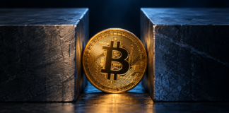 Goldene Bitcoin-Münze zwischen zwei dunklen Blöcken als Symbol für eine enge Handelsspanne.