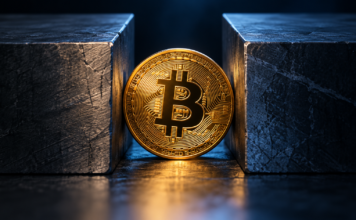 Goldene Bitcoin-Münze zwischen zwei dunklen Blöcken als Symbol für eine enge Handelsspanne.