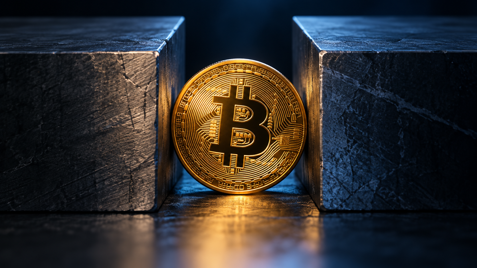 Goldene Bitcoin-Münze zwischen zwei dunklen Blöcken als Symbol für eine enge Handelsspanne.