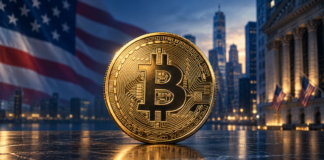 Goldene Bitcoin-Münze vor einer US-Flagge und der Skyline des New Yorker Finanzviertels.