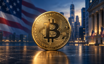 Goldene Bitcoin-Münze vor einer US-Flagge und der Skyline des New Yorker Finanzviertels.