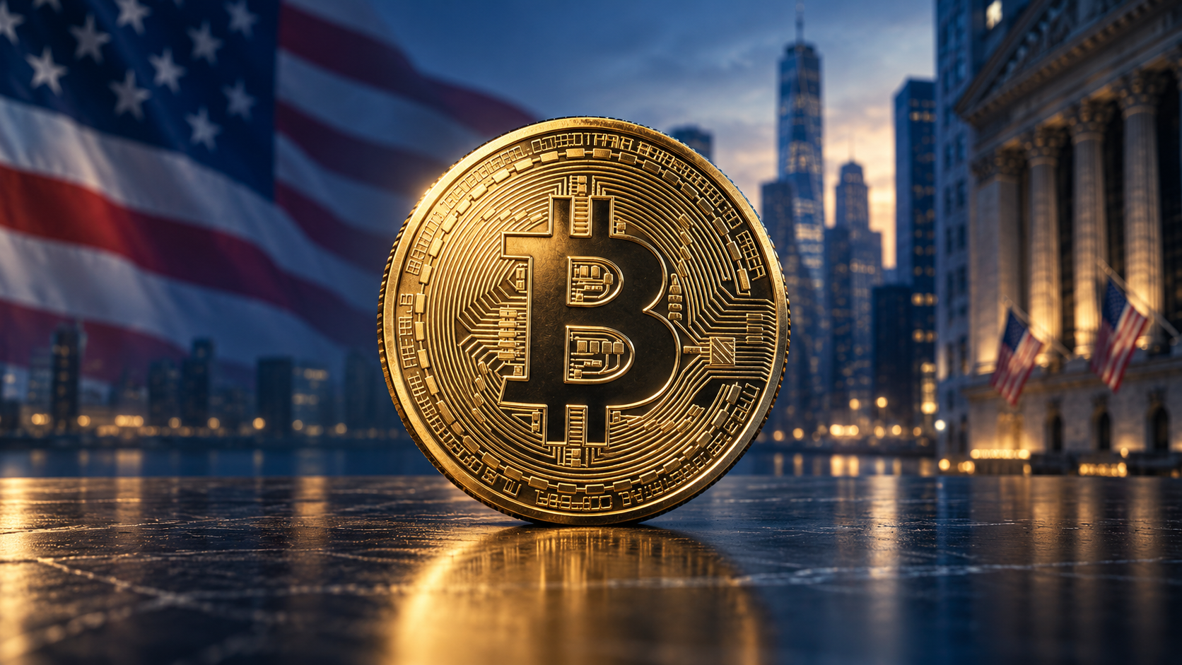 Goldene Bitcoin-Münze vor einer US-Flagge und der Skyline des New Yorker Finanzviertels.