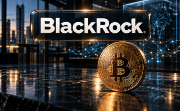 Goldene Bitcoin-Münze vor einem abstrakten KI- und Finanznetzwerk