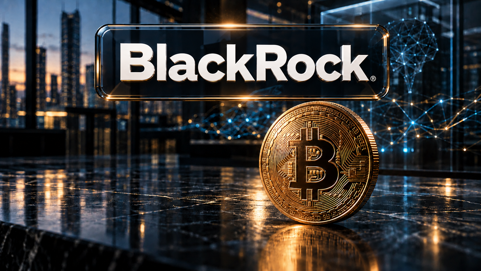 Goldene Bitcoin-Münze vor einem abstrakten KI- und Finanznetzwerk